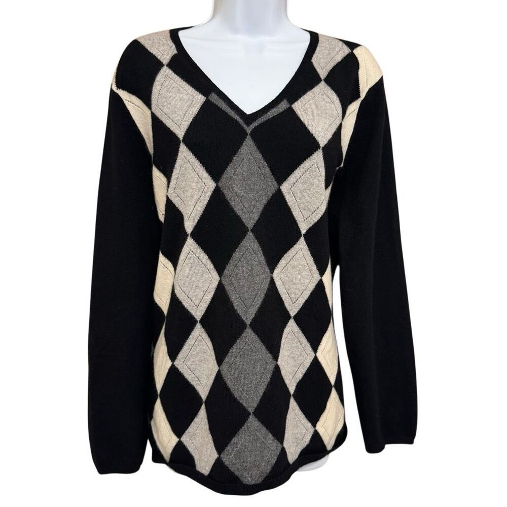 Charter Club 100% Cashmere Argyle Sweater Black Gray Ivory V-Neck Soft Knit 1X